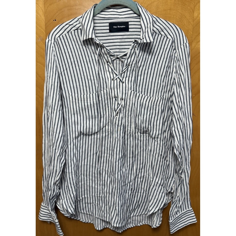 The Kooples‎ 3 L White Gray Textured Striped Lace Up Blouse Top